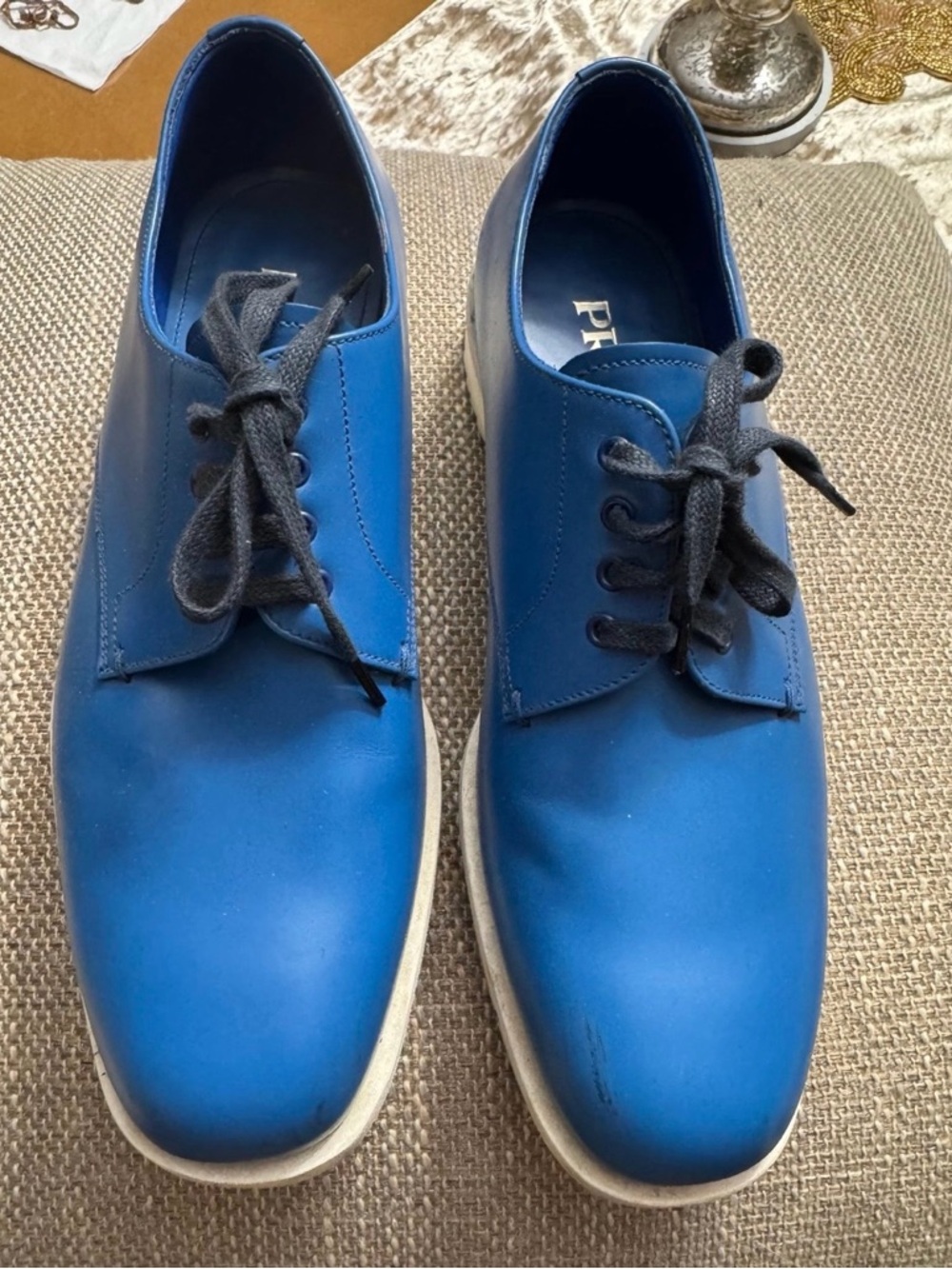 Prada Men's Bright Blue Leather Derby with Dark Gray Laces